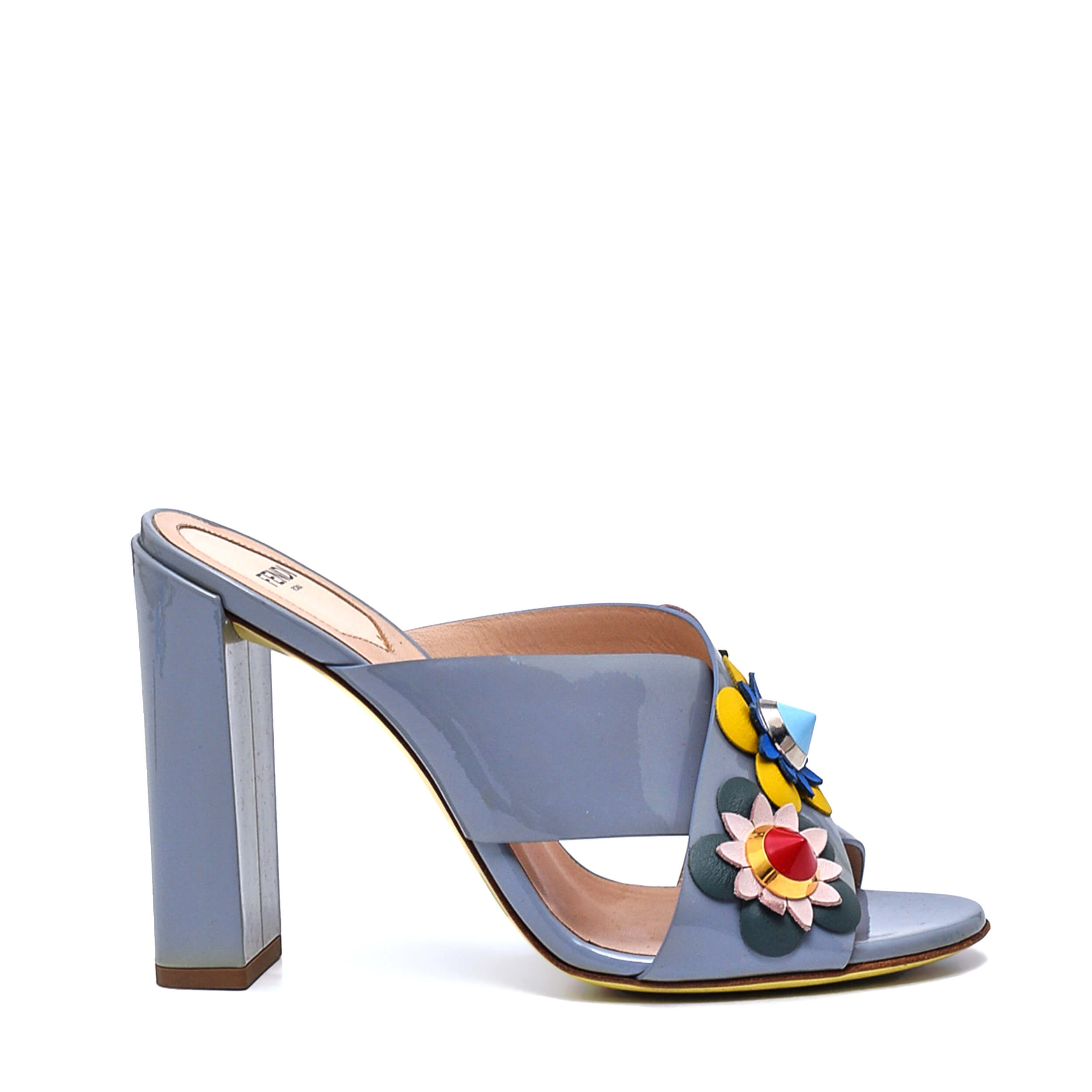 Fendi - Grey Leather Flowerland Block Heel Slide Sandals Size 37.5